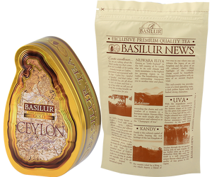 Basilur Gold - czarna herbata cejlońska skomponowana z liści najwyższej jakości bez dodatków. Ozdobna puszka z grafiką mapy.