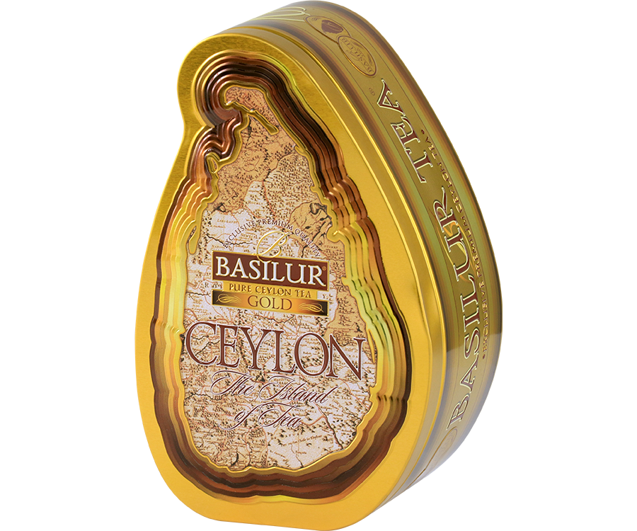 Basilur Gold - czarna herbata cejlońska skomponowana z liści najwyższej jakości bez dodatków. Ozdobna puszka z grafiką mapy.