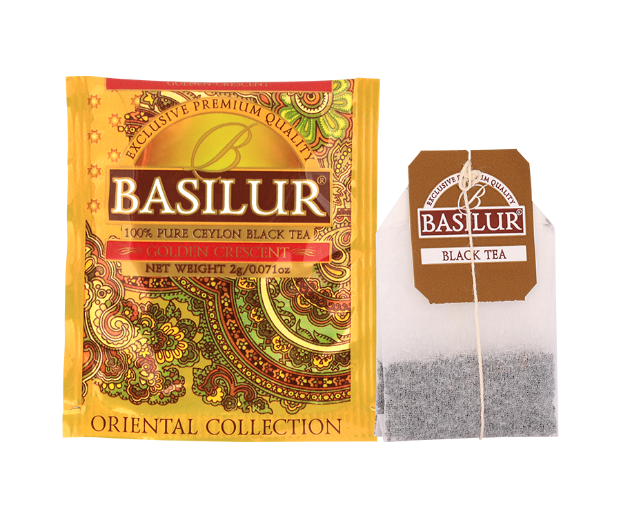 Basilur Golden Crescent - czarna herbata cejlońska w torebce. Ozdobna, złota koperta z orientalnym motywem.