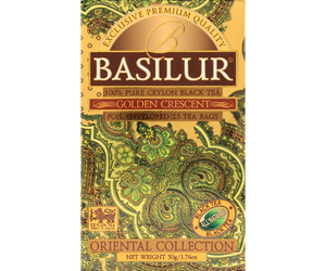 Basilur Golden Crescent - czarna herbata cejlońska w torebkach. Złote, ozdobne pudełko z orientalnym motywem.
