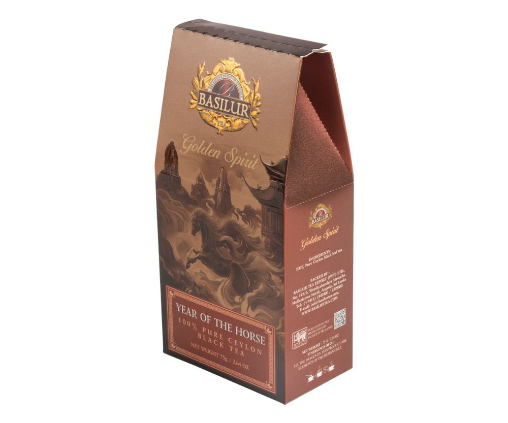 Herbata czarna Basilur w pudełku z motywem konia.