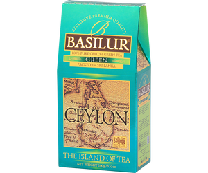 Basilur Green - zielona herbata cejlońska skomponowana z liści YH bez dodatków. Ozdobne opakowanie z grafiką mapy.