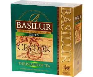 Basilur Green - zielona herbata cejlońska skomponowana z listków pochodzących z górzystych regionów Sri Lanki. Nie zawiera dodatków. Ozdobne pudełko z kartograficznym motywem.