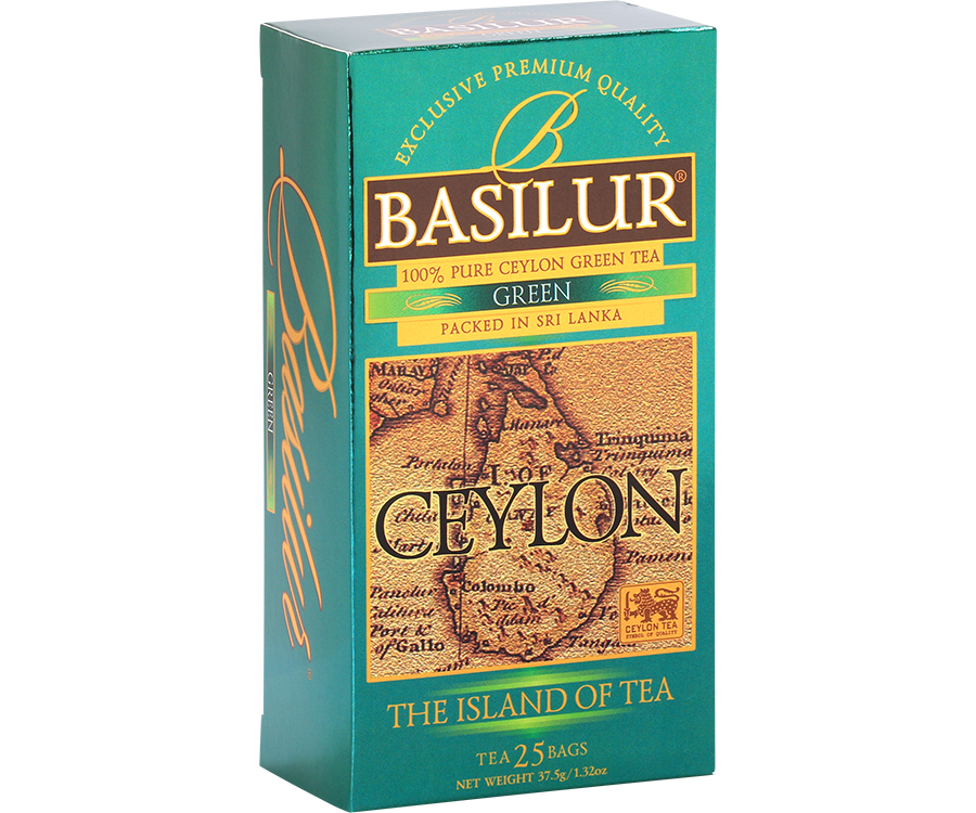Basilur Green - zielona herbata cejlońska bez dodatków. Ozdobne opakowanie z grafiką mapy.