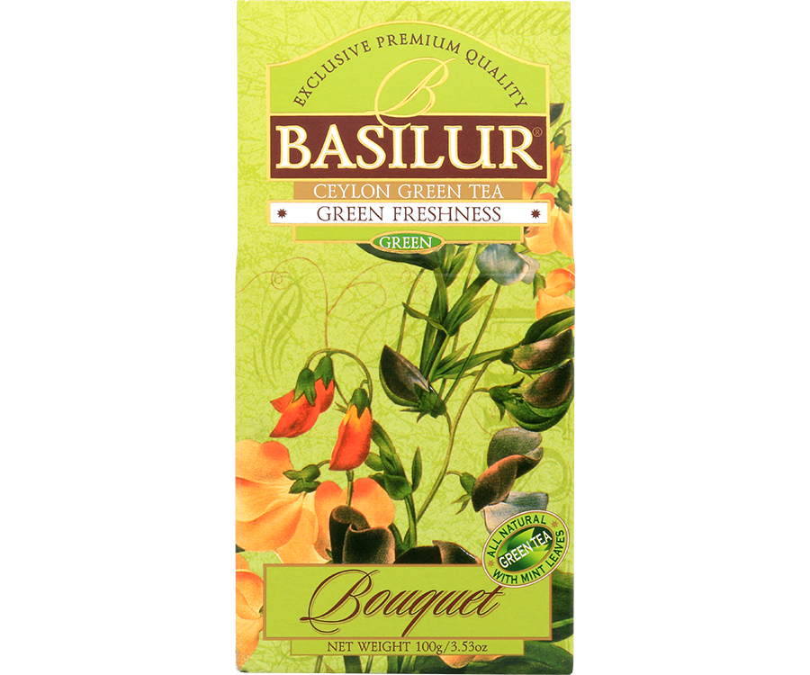 Basilur Green Freshness - zielona herbata cejlońska z dodatkiem mięty pieprzowej, szarłatu i szafranu. Zielone pudełko z kwiatowym motywem.