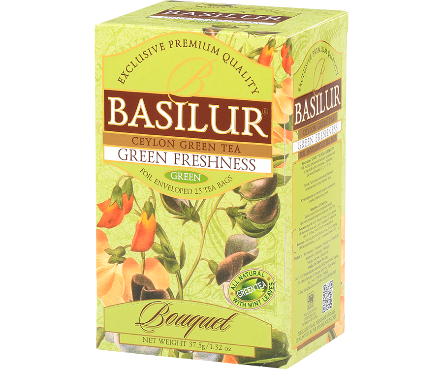 Basilur Green Freshness - herbata zielona ekspresowa z dodatkiem liści mięty pieprzowej. Zielone, ozdobne pudełko z kwiatowym motywem.