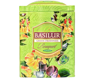 Basilur Green Freshness - zielona herbata cejlońska wielkolistna z dodatkiem liści mięty pieprzowej, amarantusa i szafranu w puszce.