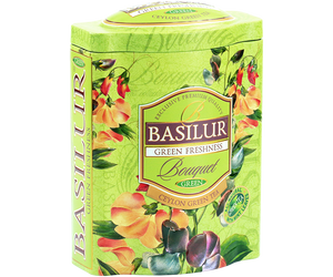 Basilur Green Freshness - zielona herbata cejlońska wielkolistna z dodatkiem liści mięty pieprzowej, amarantusa i szafranu w puszce.