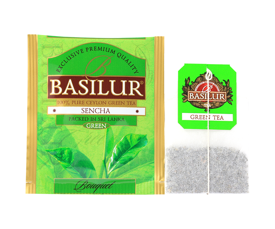 Basilur Sencha - herbata zielona ekspresowa bez dodatków. Zielone, ozdobne pudełko.