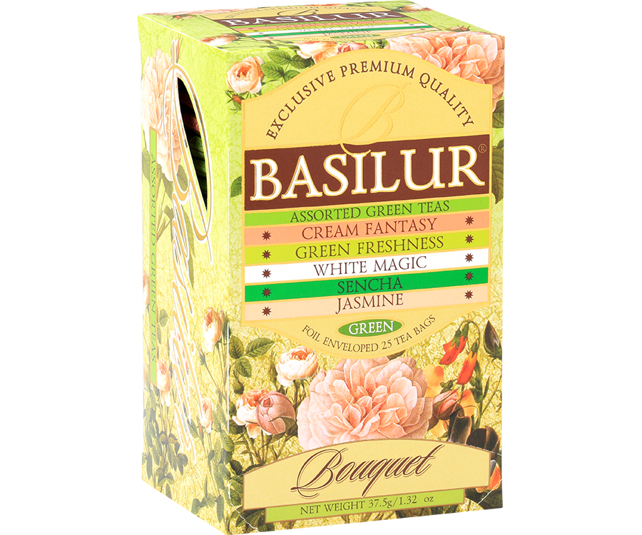 Basilur Green Tea Bouquet Assorted - zestaw 5 smaków herbat z kolekcji Bouquet w ozdobnym pudełku z kwiatowym motywem.
