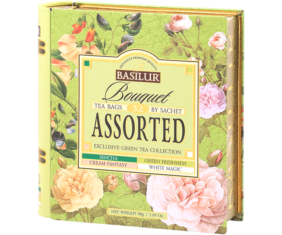 Basilur Bouquet Assorted – Zestaw 4 smaków herbat z kolekcji Bouquet. Zdobiona puszka w kształcie książki. 