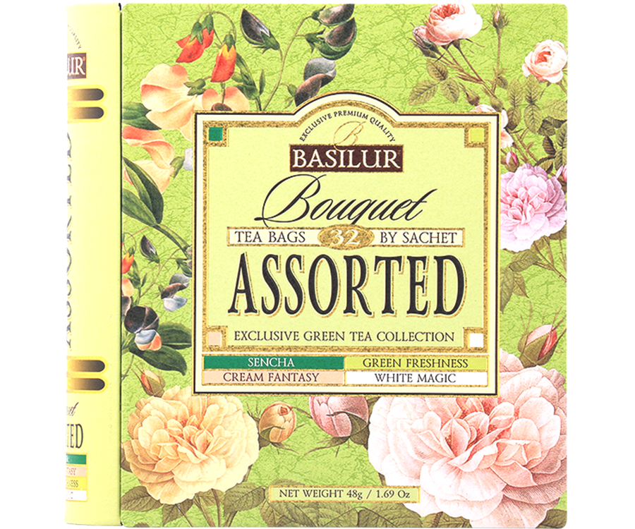 Basilur Bouquet Assorted – Zestaw 4 smaków herbat z kolekcji Bouquet. Zdobiona puszka w kształcie książki. 