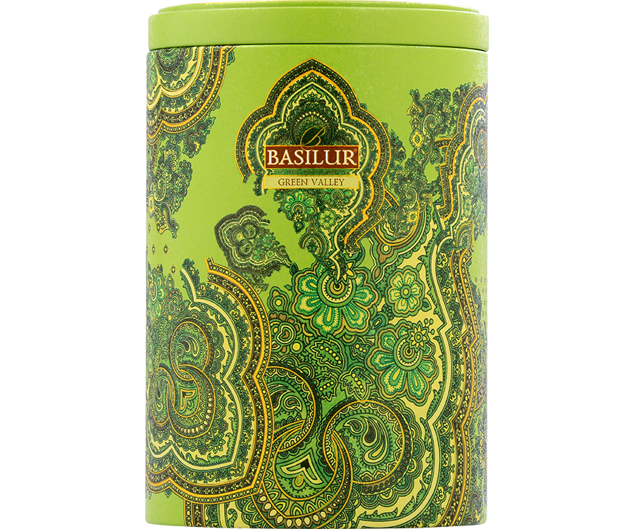 Basilur Green Valley - liściasta zielona herbata cejlońska bez dodatków. Jasnozielona, ozdobna puszka z orientalnym motywem.