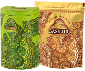 Basilur Green Valley - liściasta zielona herbata cejlońska bez dodatków. Jasnozielona, ozdobna puszka z orientalnym motywem, obok strunowa torebka z herbatą.