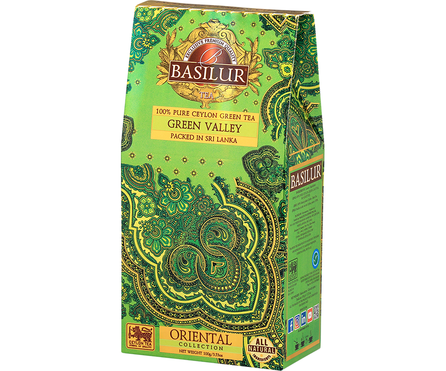 Basilur Green Valley - liściasta zielona herbata cejlońska bez dodatków. Jasnozielone, ozdobne pudełko z orientalnym motywem.