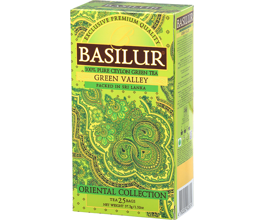 Basilur Green Valley - ekspresowa zielona herbata cejlońska bez dodatków. Jasnozielone, ozdobne pudełko z orientalnym motywem.