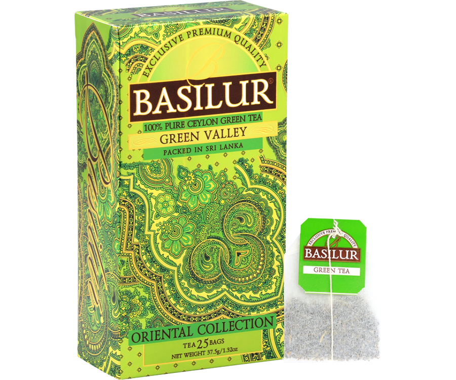 Basilur Green Valley - ekspresowa zielona herbata cejlońska bez dodatków. Jasnozielone, ozdobne pudełko z orientalnym motywem.