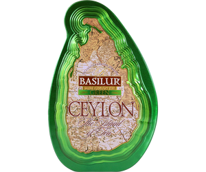 Basilur Green - zielona herbata cejlońska skomponowana z liści YH bez dodatków. Ozdobna puszka z grafiką mapy.
