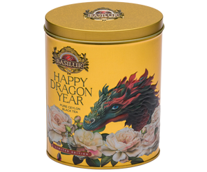 Basilur Happy Dragon Year Gold – czarna liściasta herbata cejlońska z listków OP1 zamknięta w zdobionej puszce z motywem mistycznego smoka otoczonego kwiatami.