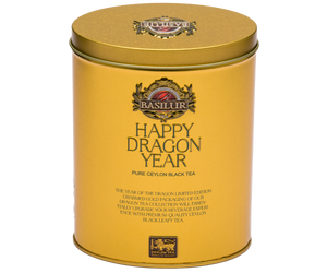 Basilur Happy Dragon Year Gold – czarna liściasta herbata cejlońska z listków OP1 zamknięta w zdobionej puszce z motywem mistycznego smoka otoczonego kwiatami.