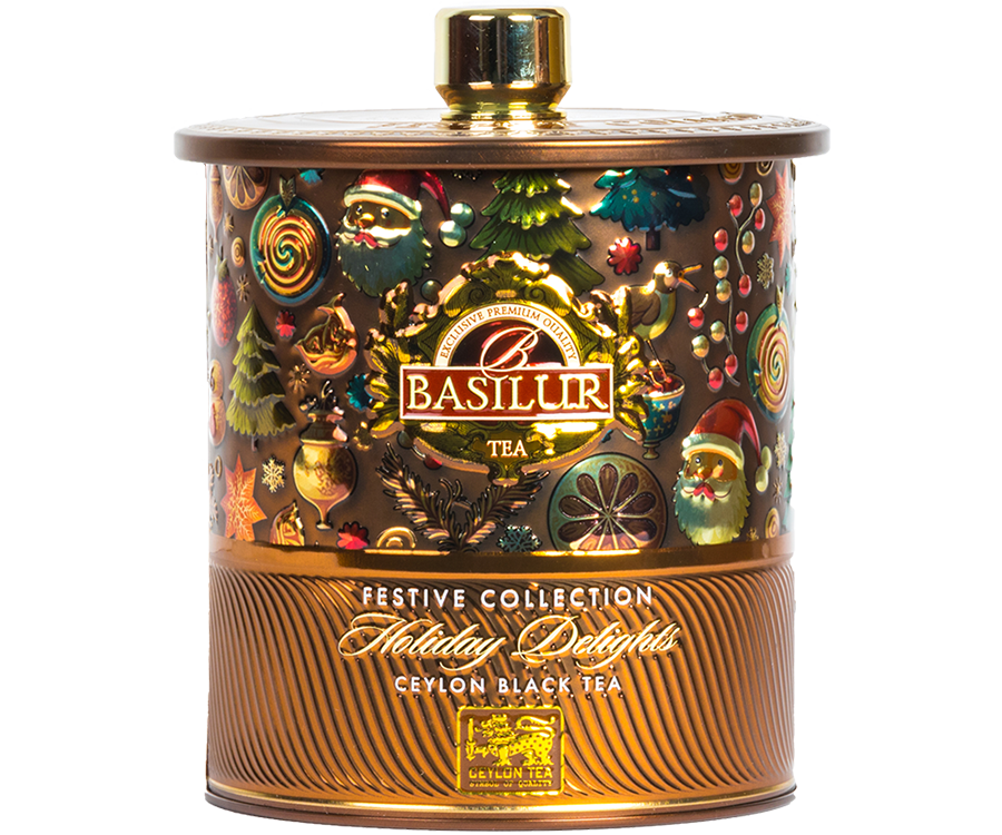 Basilur Holiday Delights - czarna herbata cejlońska z dodatkiem imbiru, cynamonu, kardamonu, aromatu wanilii, śmietanki, cynamonu i kardamonu. Ozdobne opakowanie w formie metalowej puszki ze świątecznym motywem.