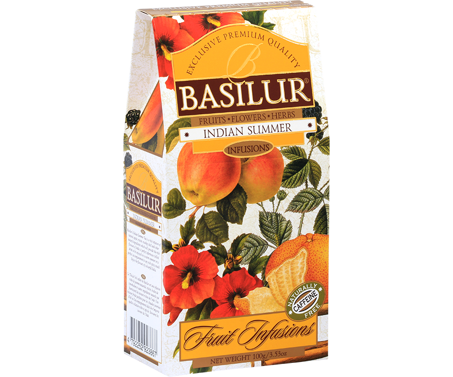 Basilur Indian Summer - Owocowa herbata bezkofeinowa z dodatkiem dzikiej róży, hibiskusa, jabłka, rodzynek, skórki pomarańczy, berberysu, cynamonu, płatków róży, nagietka oraz aromatu aloesu, przyprawy świątecznej, pomarańczy i śmietanki. Ozdobne opakowanie z owocowym motywem.