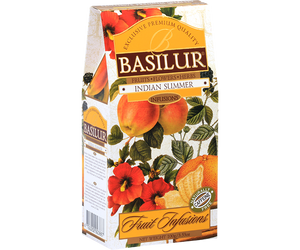 Basilur Indian Summer - Owocowa herbata bezkofeinowa z dodatkiem dzikiej róży, hibiskusa, jabłka, rodzynek, skórki pomarańczy, berberysu, cynamonu, płatków róży, nagietka oraz aromatu aloesu, przyprawy świątecznej, pomarańczy i śmietanki. Ozdobne opakowanie z owocowym motywem.