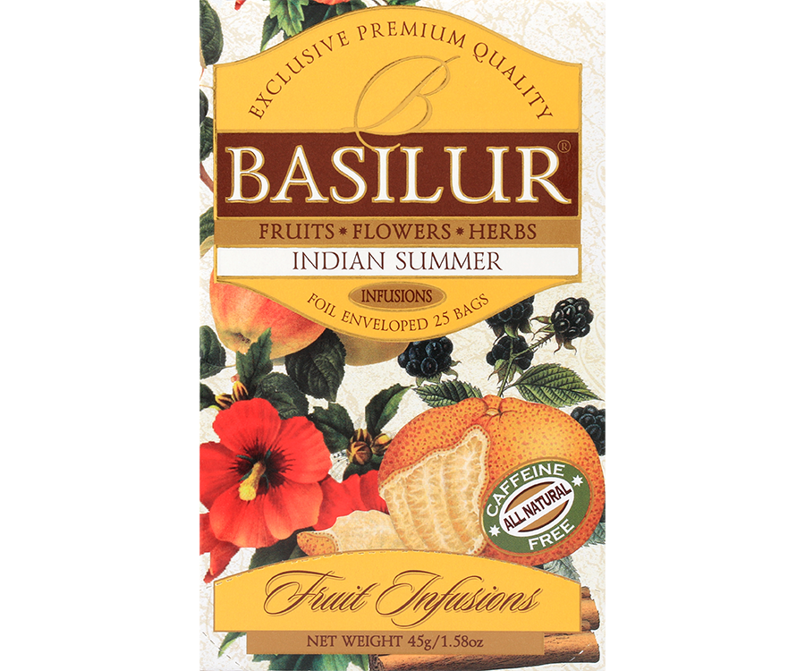 Basilur Indian Summer- owocowa herbata bezkofeinowa z dodatkiem owoców dzikiej róży, hibiskusa, cykorii, cynamonu oraz aromatu pomarańczy, róży i cytryny. Ozdobne opakowanie z owocowym motywem.