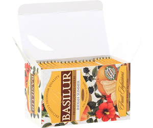 Basilur Indian Summer- owocowa herbata bezkofeinowa z dodatkiem owoców dzikiej róży, hibiskusa, cykorii, cynamonu oraz aromatu pomarańczy, róży i cytryny. Ozdobne opakowanie z owocowym motywem.