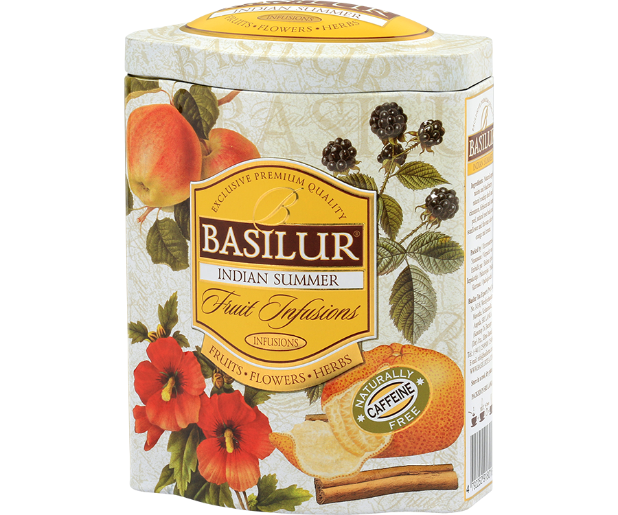 Basilur Indian Summer - Owocowa herbata bezkofeinowa z dodatkiem dzikiej róży, hibiskusa, jabłka, rodzynek, skórki pomarańczy, berberysu, cynamonu, płatków róży, nagietka oraz aromatu aloesu, przyprawy świątecznej, pomarańczy i śmietanki. Ozdobna puszka z owocowym motywem.