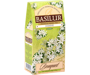 Basilur Jasmine - zielona herbata cejlońska z dodatkiem płatków jaśminu oraz jaśminowego aromatu. Zielone, ozdobne pudełko z kwiatowym motywem.