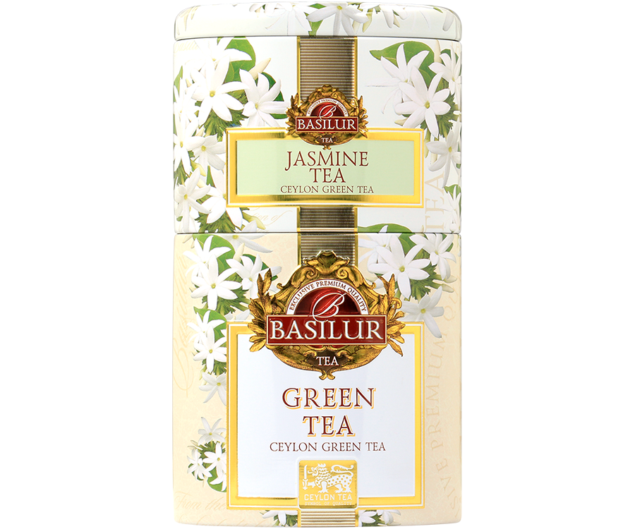 Basilur Jasmine & Green – zestaw dwóch rodzajów herbat w puszkach: zielona herbata cejlońska bez dodatków oraz zielona herbata cejlońska z dodatkiem pączków jaśminu i aromatu jaśminu.