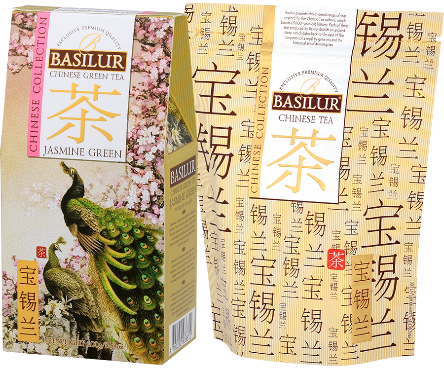 Basilur Chinese Jasmine Green - liściasta zielona herbata z dodatkiem płatków jaśminu oraz aromatu jaśminu. Jasne pudełko ozdobione rysunkiem pawi.