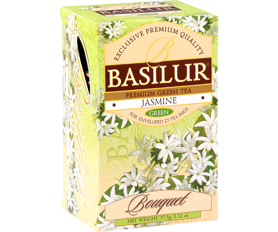 Basilur Jasmine - zielona herbata cejlońska z dodatkiem jaśminowego aromatu. Zielone, ozdobne pudełko z kwiatowym motywem.
