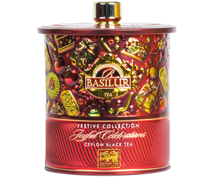 Basilur Joyful Celebrations - czarna herbata cejlońska z dodatkiem cynamonu, kwiatów pomarańczy oraz aromatu jabłka i pomarańczy. Ozdobne opakowanie w formie metalowej puszki ze świątecznym motywem.