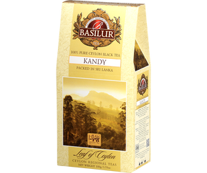 Basilur Kandy - czarna herbata cejlońska bez dodatków, liściasta. Żółte pudełko z górskim pejzażem..