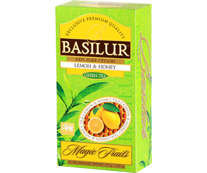 Basilur Lemon Honey - zielona herbata cejlońska z aromatem miodu i cytryny. 25 torebek w jasnozielonym pudełku z logo Basilur.