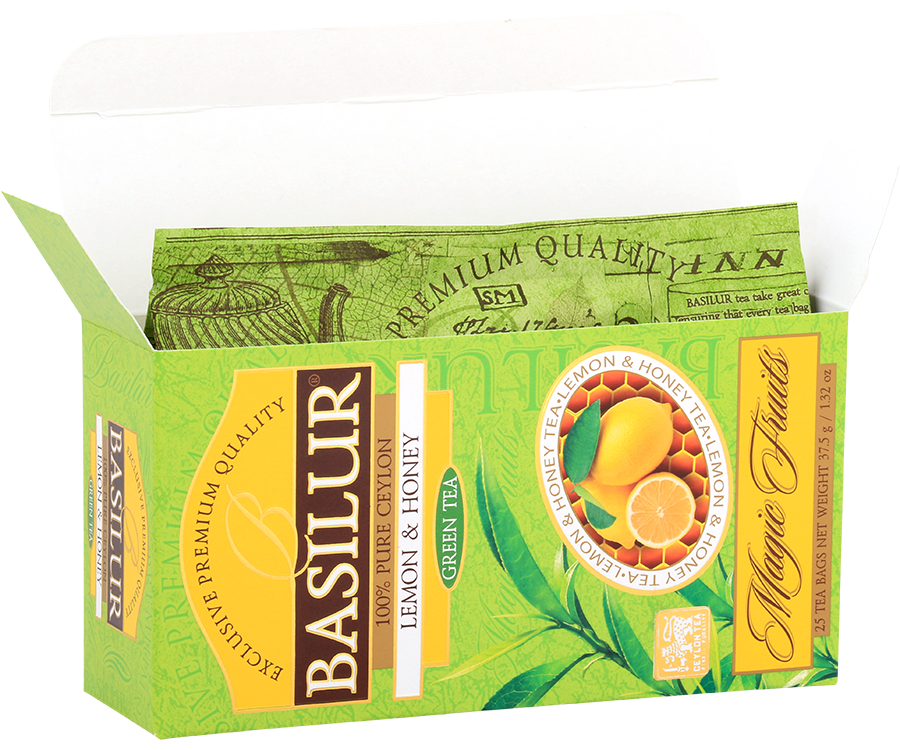Basilur Lemon Honey - zielona herbata cejlońska z aromatem miodu i cytryny. 25 torebek w jasnozielonym pudełku z logo Basilur.