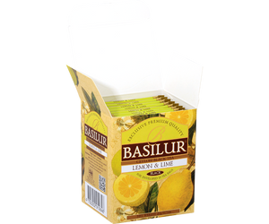 Basilur Lemon & Lime - czarna herbata cejlońska z dodatkiem jabłka oraz aromatu cytryny i limonki Ozdobne opakowanie z owocowym motywem.