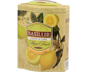 Basilur Lemon & Lime - czarna herbata cejlońska z dodatkiem ananasa, werbeny cytrynowej, kwiatów bławatka, pomarańczy oraz naturalnego aromatu cytryny i limonki. Ozdobna puszka z owocowym motywem.