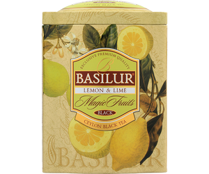 Basilur Lemon & Lime - czarna herbata cejlońska z dodatkiem ananasa, werbeny cytrynowej, kwiatów bławatka, pomarańczy oraz naturalnego aromatu cytryny i limonki. Ozdobna puszka z owocowym motywem.