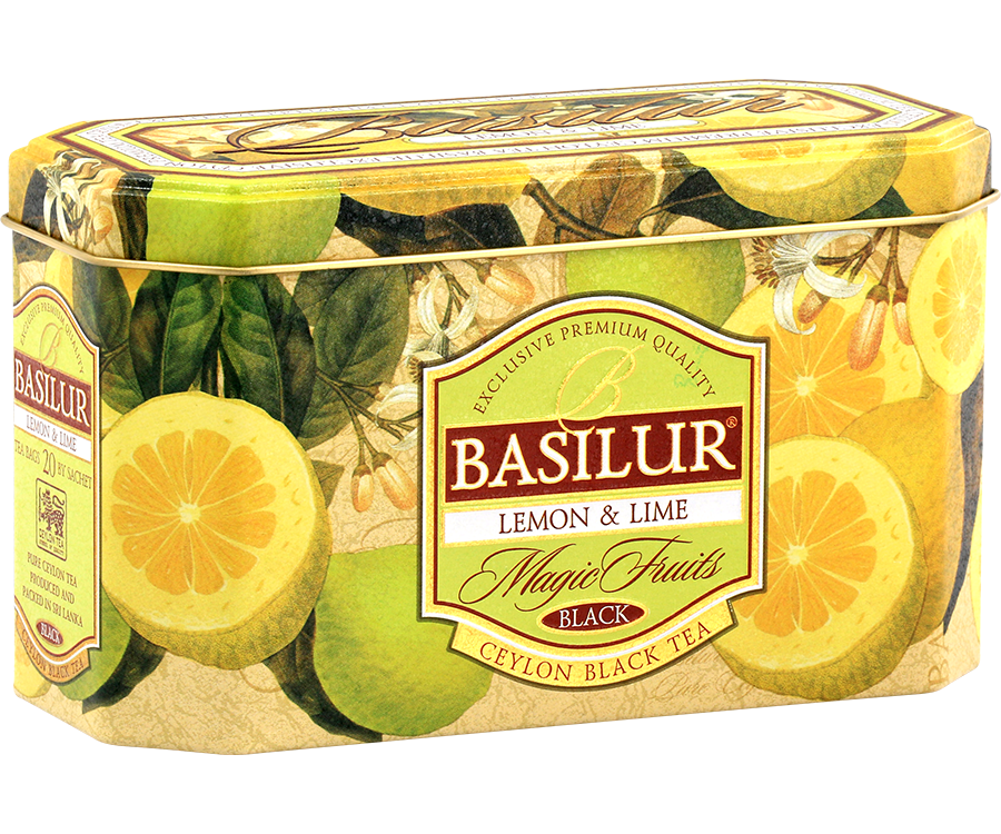 Basilur Lemon & Lime - czarna herbata cejlońska z dodatkiem aromatu cytryny i limonki. Ozdobna puszka z owocowym motywem.