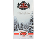Basilur Lingonberries - czarna liściasta herbata cejlońska z dodatkiem owoców borówki brusznicy, płatków białego chabru oraz aromatem borówki brusznicy. Ozdobne pudełko z zimowym motywem.