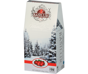 Basilur Lingonberries - czarna liściasta herbata cejlońska z dodatkiem owoców borówki brusznicy, płatków białego chabru oraz aromatem borówki brusznicy. Ozdobne pudełko z zimowym motywem.