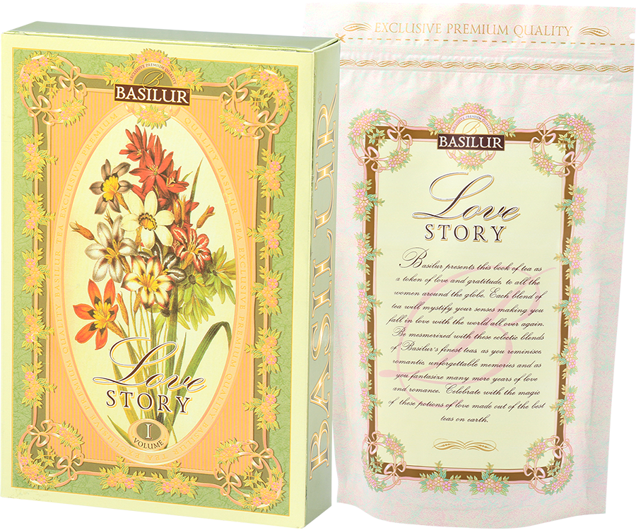 Basilur Love Story Volume I - zielona herbata z dodatkiem niebieskiego chabru, krokoszu barwierskiego i naturalnego aromatu bergamotki.