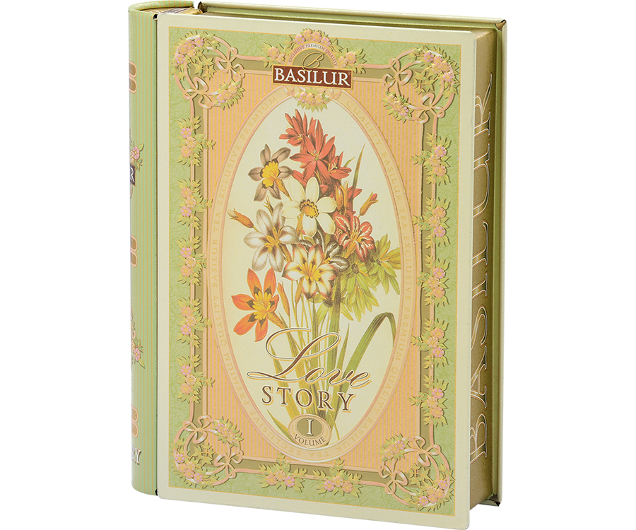 Basilur Love Story Volume I - zielona herbata cejlońska skomponowana ze starannie wyselekcjonowanych listków Young Hyson z dodatkiem krokosza barwierskiego, chabru oraz aromatu bergamotki, mięty i ananasa. Zdobiona puszka w kształcie książki. 