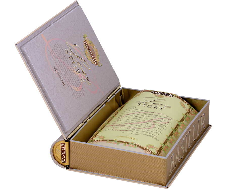 Basilur Love Story Volume II - czarna herbata cejlońska z dodatkiem zielonej herbaty, szarłatu oraz aromatu migdałowego i różanego. Zdobiona puszka w kształcie książki. 