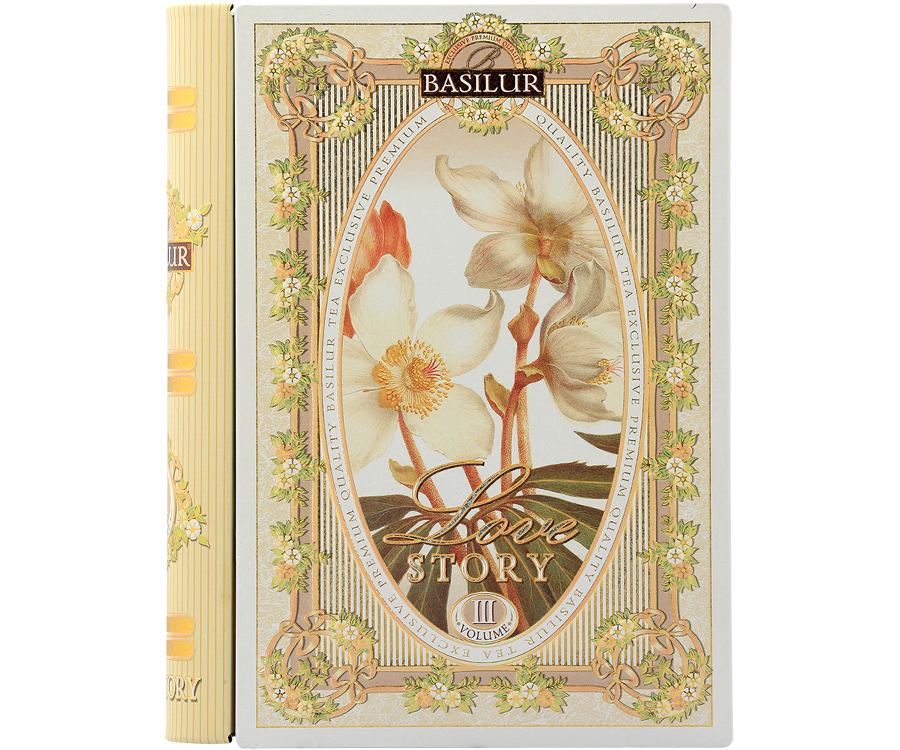 Basilur Love Story Volume III - zielona herbata cejlońska skomponowana ze starannie wyselekcjonowanych listków z szarłatem oraz aromatem ananasa i kokosa. Zdobiona puszka w kształcie książki.