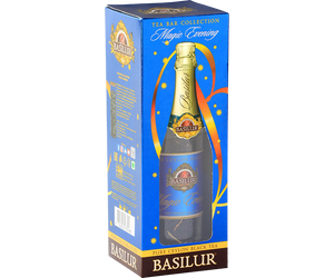 Basilur Magic Evening - czarna herbata cejlońska z dodatkiem ananasa, chabru, nagietka oraz aromatu czerwonych winogron. Ozdobne opakowanie z grafiką butelki szampana.