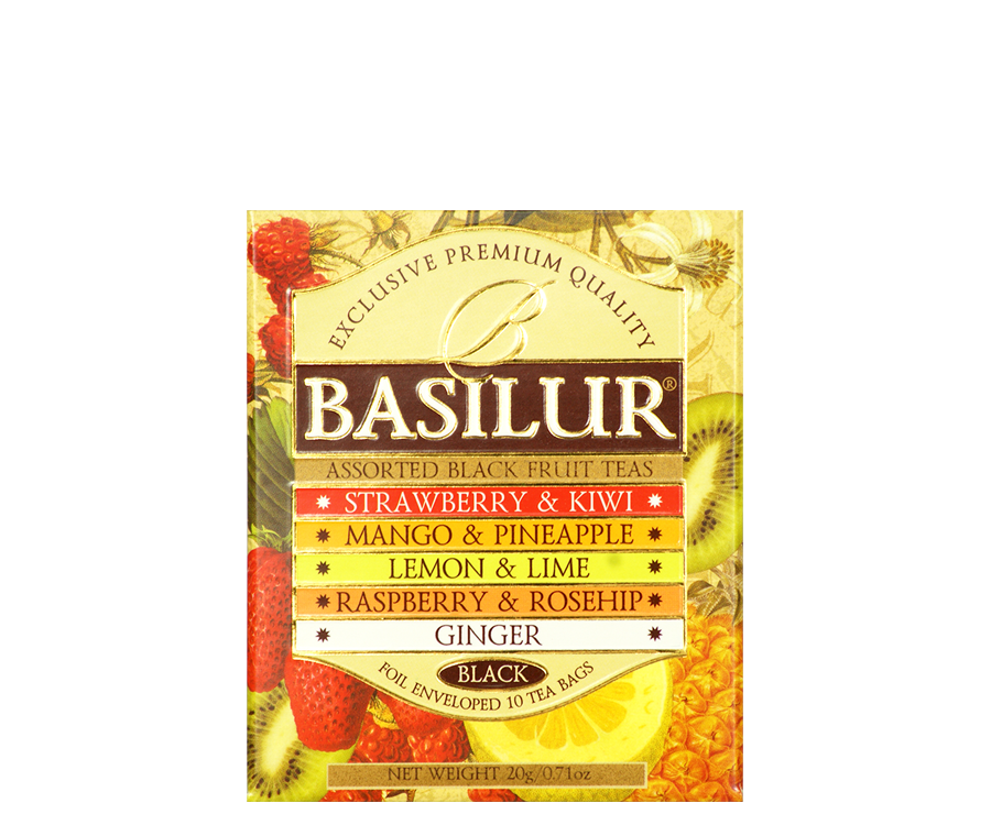 Basilur Magic Fruits Assorted Black - zestaw 5 smaków herbat cejlońskich z owocowymi dodatkami. 10 torebek w kopertach w ozdobnym pudełku z logo Basilur.